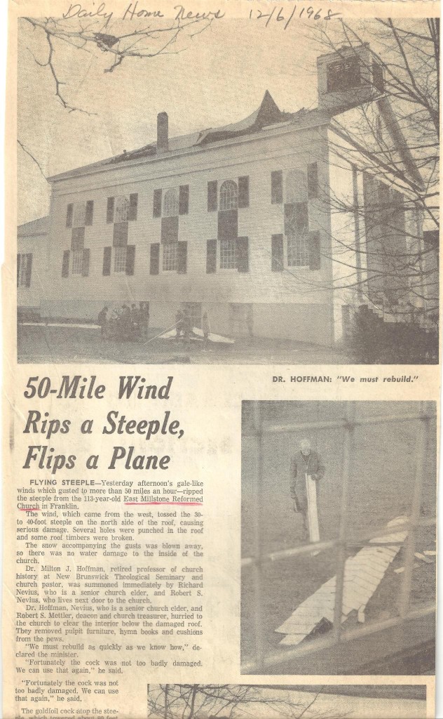 Newspaper clipping from 1968, when the church steeple fell.